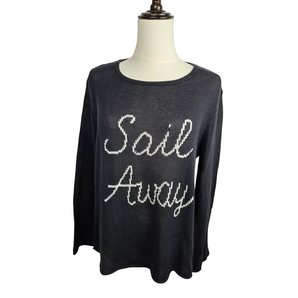 Wooden Ships Sail Away Sweater S/M Navy Blue Graphic Knit Coastal Nautical Vaca